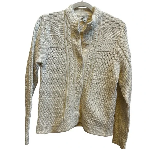 L L Bean Womens Cotton Fishermen Sweater Cardigan Ivory Heavyweight Sz Small - Picture 1 of 6